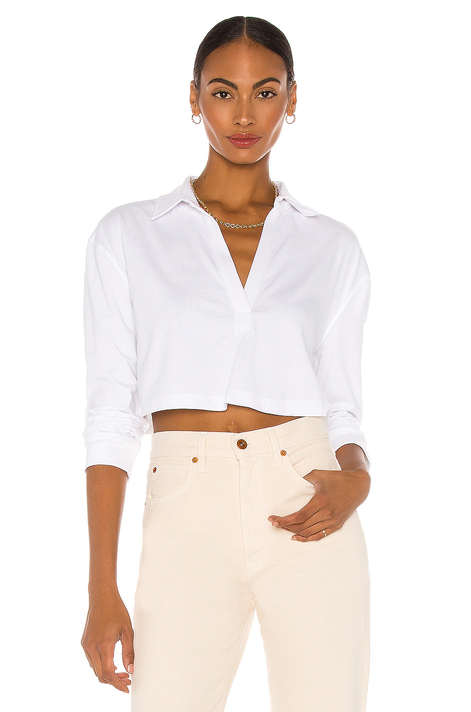 L'Academie LS Cropped Polo In White