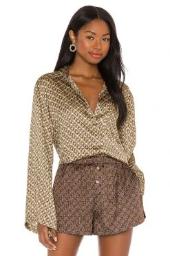 L'Academie Oversized Button Down In Tan Chain