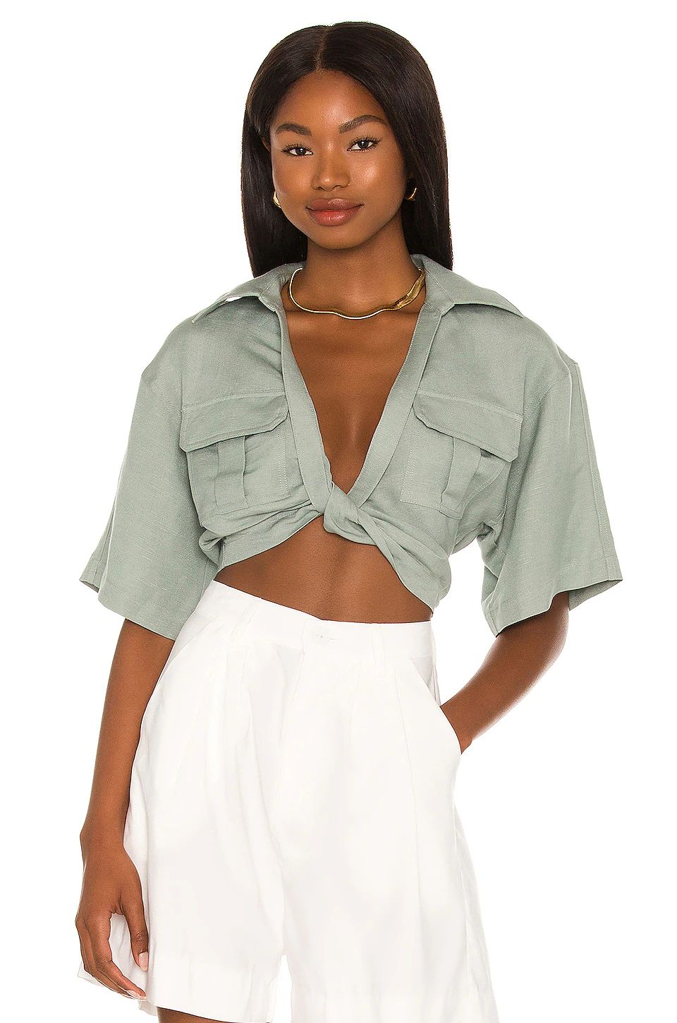 L'Academie The Chrisa Crop Blouse In Sage Green